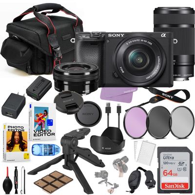 Sony A6400 Mirrorless Camera with 16-50mm & 55-210mm Lens Bundle + Commander Optics Accessories Package Including Filters, Case, Grip Strap + Sandisk 64GB Memory, Software Package & More (Renewed)
