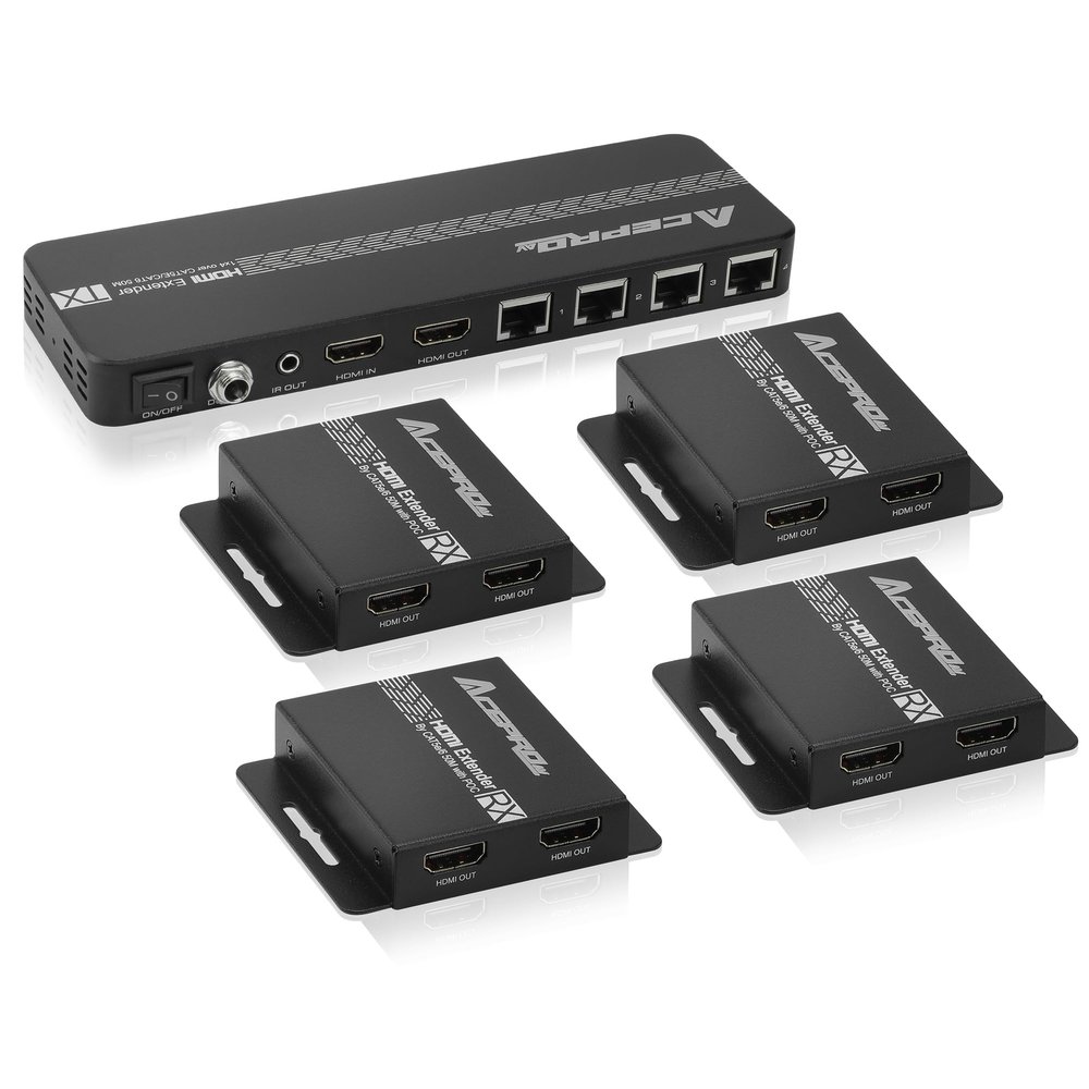 AceProAV 1080P 1x8 (4 Receivers) HDMI Splitter Over Cat6 Extender up to 164 Feet (50 Meters) for 8 Monitors and 1 Loop-Out Monitor (1 in 8 Out), IR Control and EDID Function