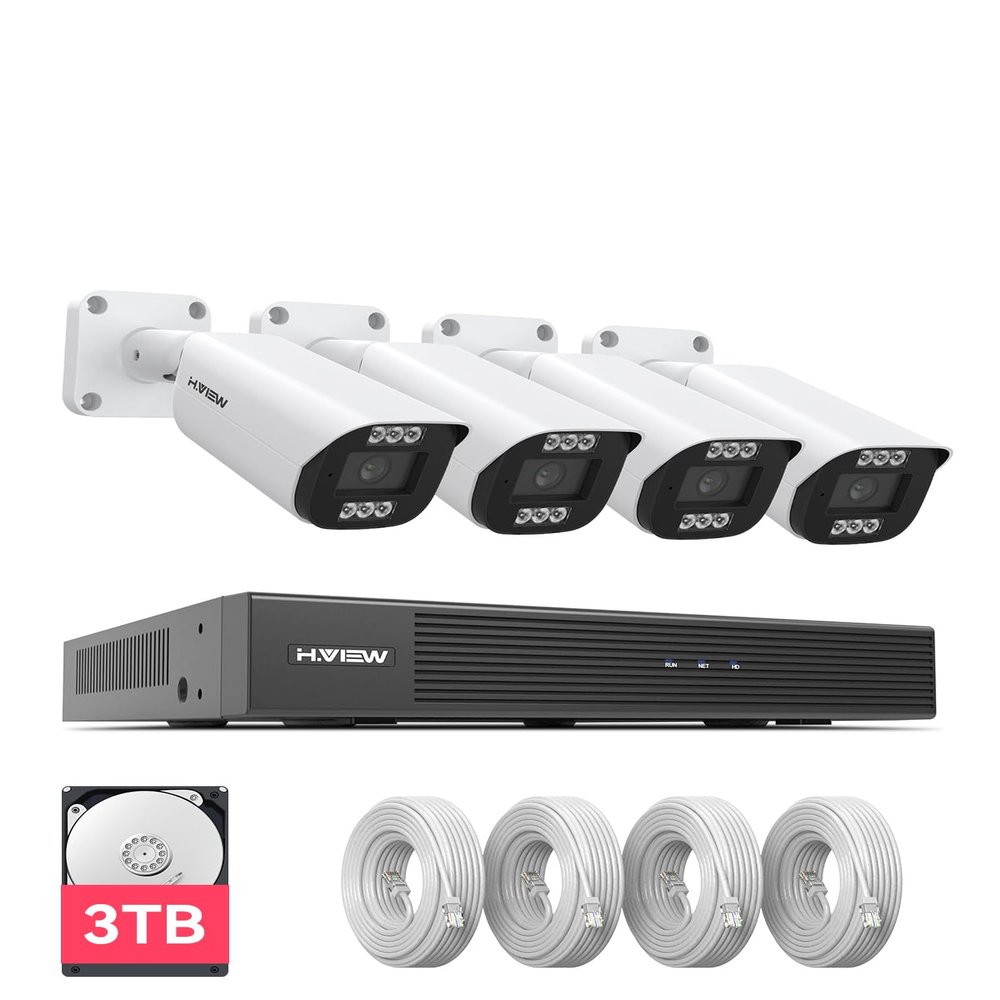 H.VIEW 4K 8MP 8CH POE NVR Security Camera System (16CH Expandable), 4 x 8MP PoE IP Bullet Cameras Outdoor Indoor, AI Human/Person/Face Detection, Two-Way Audio, 100ft IR Night Vision, 3TB HDD