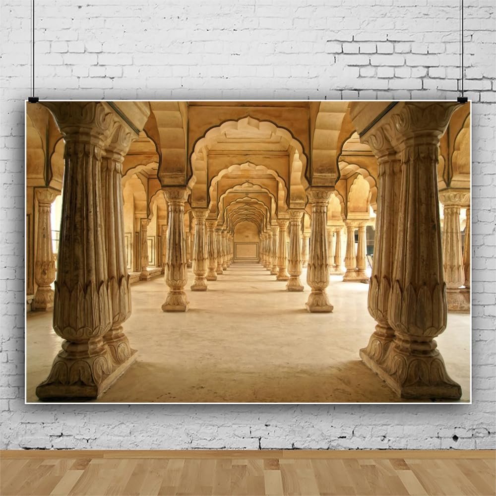 Leowefowa 15x8ft Vinyl Hindu Temple Photo Background Backdrop Vintage Building Ancient Old Columns Background Indian Backdrop for Photography Photo Booth Studio Props