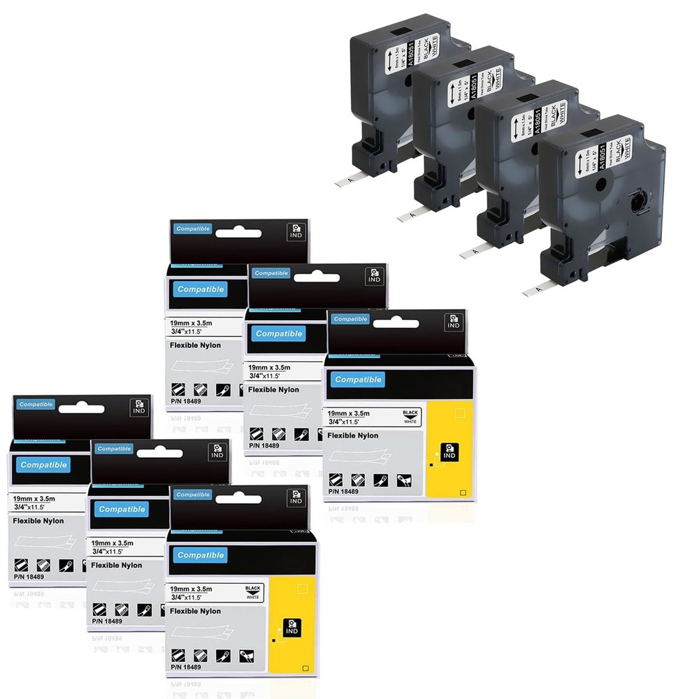 4-Pack 1/4" 6mm 18051 Heat Shrink Tube+ 6-Pack 3/4" 19mm 18489 Flexible Nylon Labels Use with DYMO Rhino 4200, 5200, 5000, 6000, 6000+ Label Maker and More,Black on White