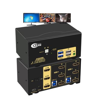 CKLau 2 Port Triple Monitor KVM Switch HDMI with Audio Output, All Input Cables, 2 USB 3.0 Hub for 2 Computers Sharing 3 Monitors Supports Emulation EDID, Hotkey Switching