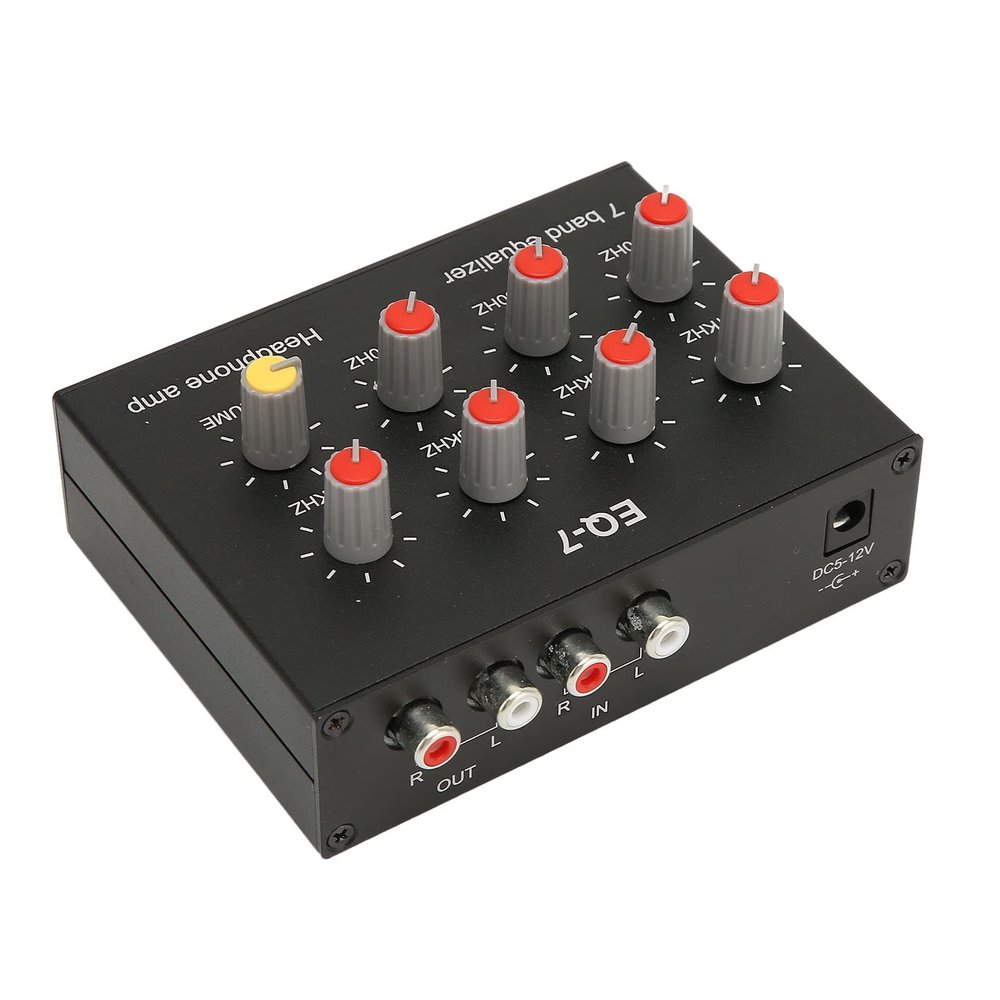 7 Band Sound Equalizer 12dB High Bass Dual Channel Digital Equalizer, Aluminum Alloy, Compatible with Headphones, 3.5mm Interface for Cell Phones, DC5V to 12V Power Supply