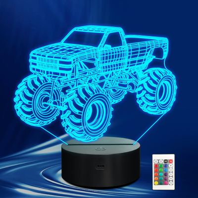 CoolGift Mart Monster Trucks Night Light for Boys, 3D LED Optical Illusion Lamp with Remote Control and Timer, Perfect Christmas and Birthday Gift Idea for Boys, Kids, and Teens