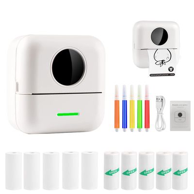 Mini Printer Thermal Sticker Printer with 11 Rolls Thermal Paper and Sticker for iOS&Android,Portable Bluetooth Pocket Printer for Study Notes, Pictures, DIY, Label