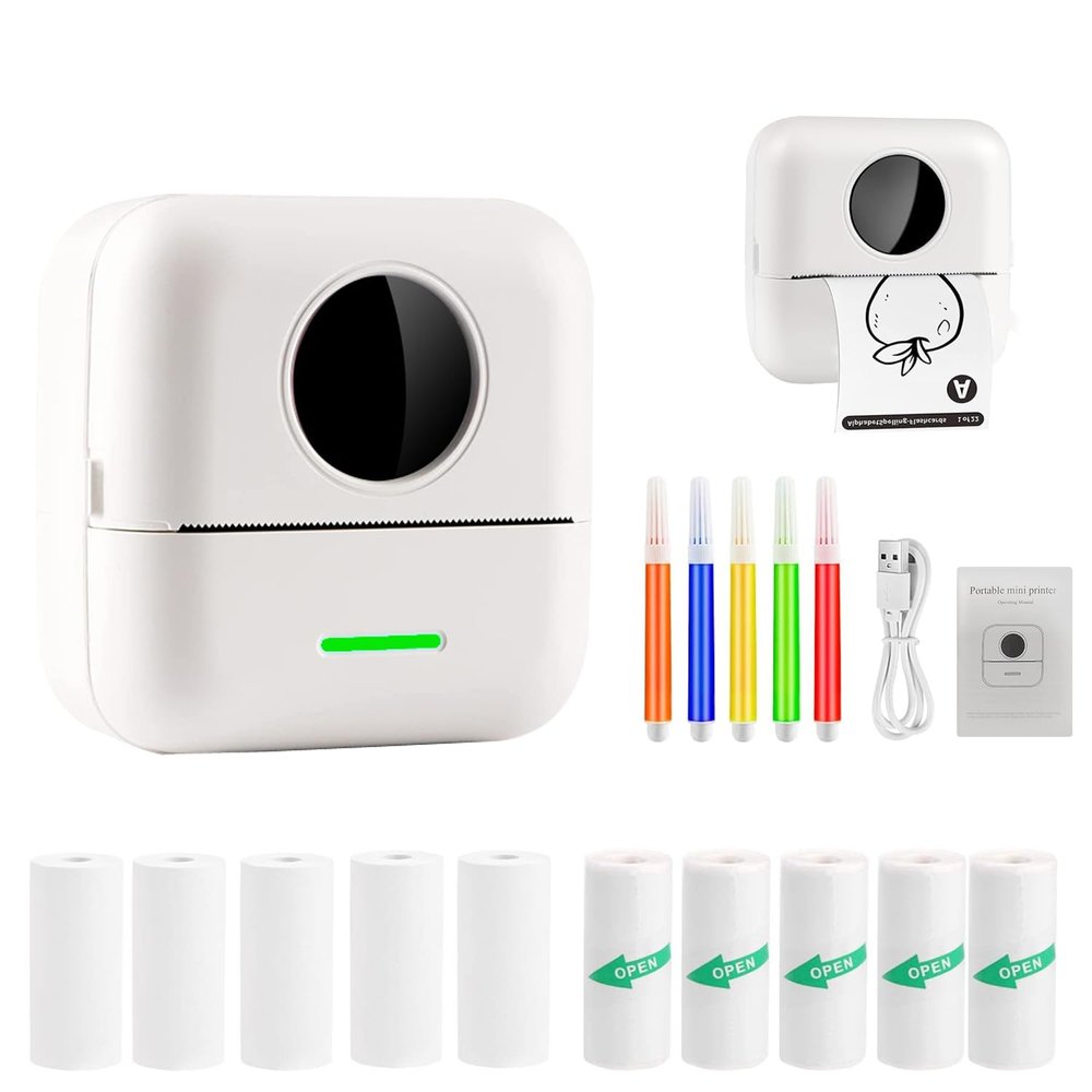 Mini Printer Thermal Sticker Printer with 11 Rolls Thermal Paper and Sticker for iOS&Android,Portable Bluetooth Pocket Printer for Study Notes, Pictures, DIY, Label