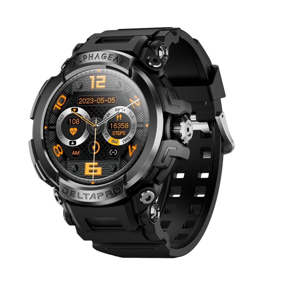 ALPHAGEAR Delta PRO Smartwatch for iPhone & Android, Rugged Smart Watch (Answer/Make Call), Wellness Tracker with 1.58" AMOLED Screen, 10-14 Days Battery, 5 ATM (2xScreen Protector Included)