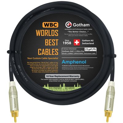 10 Foot - Gotham GAC-1 Ultra Pro - Low-Cap (21pF/ft) Center-Channel Subwoofer Cable with Amphenol ACPR-SWH Die-Cast, Gold Plated RCA Connectors