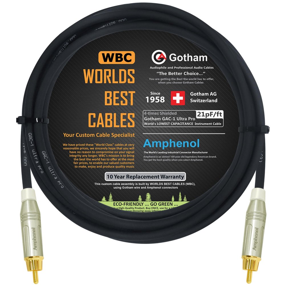 10 Foot - Gotham GAC-1 Ultra Pro - Low-Cap (21pF/ft) Center-Channel Subwoofer Cable with Amphenol ACPR-SWH Die-Cast, Gold Plated RCA Connectors