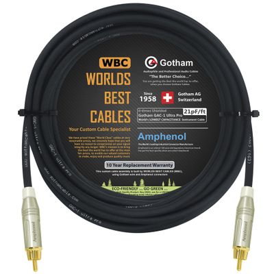 100 Foot - Gotham GAC-1 Ultra Pro - Low-Cap (21pF/ft) Center-Channel Subwoofer Cable with Amphenol ACPR-SWH Die-Cast, Gold Plated RCA Connectors