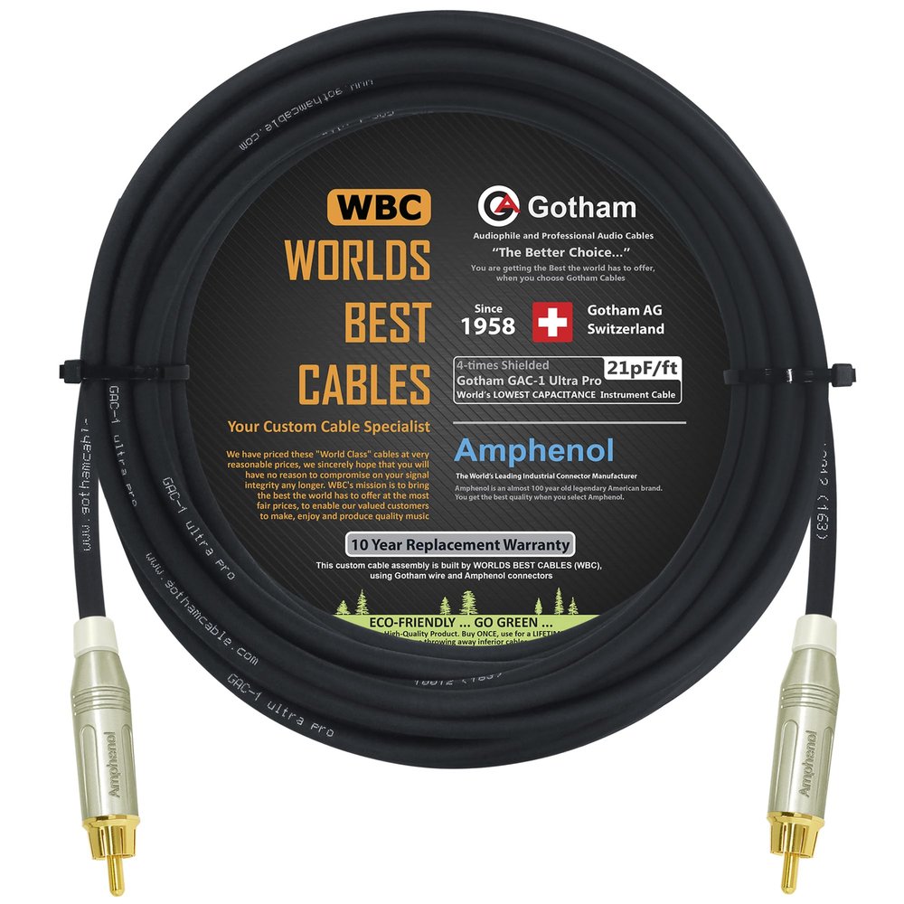 100 Foot - Gotham GAC-1 Ultra Pro - Low-Cap (21pF/ft) Center-Channel Subwoofer Cable with Amphenol ACPR-SWH Die-Cast, Gold Plated RCA Connectors