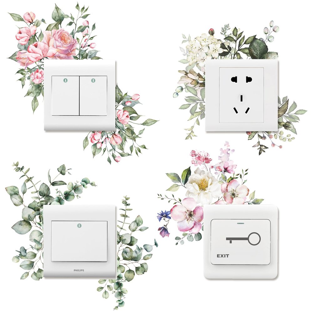4 PCS Removable Fresh Plants Flower Switch Stickers Peony Rose Leaf Light Switch Decal Socket Decor Light Switch Cover for Kids Girls Bedroom Living Room Nursery Bathroom (A)