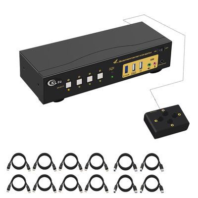 CKLau MST KVM Switch 4 Monitor 4 Computers (2 Displayport in, 2 Displayport + 2 HDMI Out) 4K60Hz 2K@144Hz with Cables, Audio, Microphone and USB 3.0 Hub, Supports Hot Key Switching