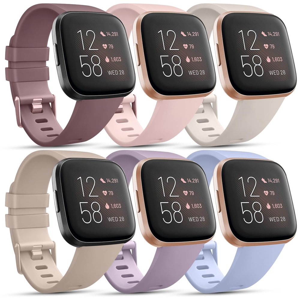 6 Pack Sport Bands Compatible with Fitbit Versa 2 / Fitbit Versa / Versa Lite / Versa SE, Classic Soft Silicone Replacement Wristbands (Small, Starlight/Milk Tea/Smoke Violet/Sand Pink/Baby Blue/Light