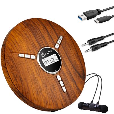 KLIM Discman Portable CD Player with Headphones, Built-in Battery - New Version - CD Players for Home, Car - Compatible w/SD Card, CD-R, CD-RW, MP3, WMA - 5 EQ Effects - Wood