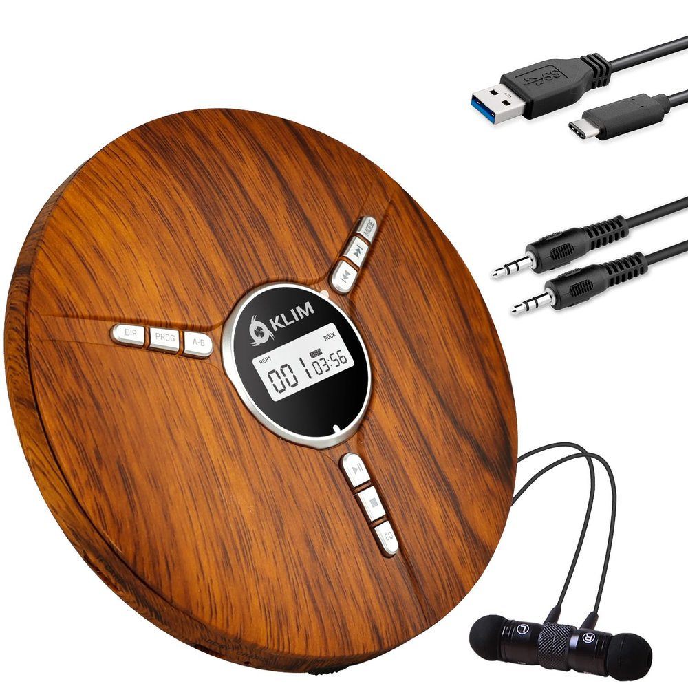 KLIM Discman Portable CD Player with Headphones, Built-in Battery - New Version - CD Players for Home, Car - Compatible w/SD Card, CD-R, CD-RW, MP3, WMA - 5 EQ Effects - Wood