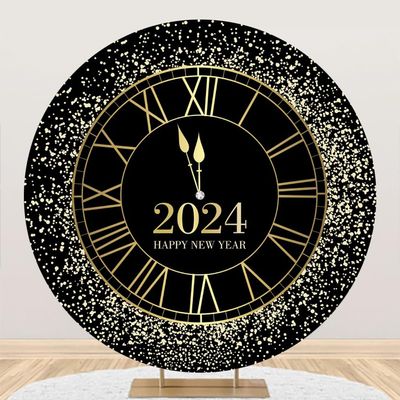 Laeacco 7.2x7.2ft 2025 Happy New Year Round Backdrop Clock Twelve O'clock Countdown Circle Backdrop Cover Black Gold Sequin Dots Photo Background for Xmas New Years Eve Festival Party Photo Booth Prop