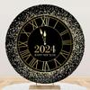 Laeacco 7.2x7.2ft 2025 Happy New Year Round Backdrop Clock Twelve O'clock Countdown Circle Backdrop Cover Black Gold Sequin Dots Photo Background for Xmas New Years Eve Festival Party Photo Booth Prop view 1
