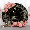 Laeacco 7.2x7.2ft 2025 Happy New Year Round Backdrop Clock Twelve O'clock Countdown Circle Backdrop Cover Black Gold Sequin Dots Photo Background for Xmas New Years Eve Festival Party Photo Booth Prop view 3