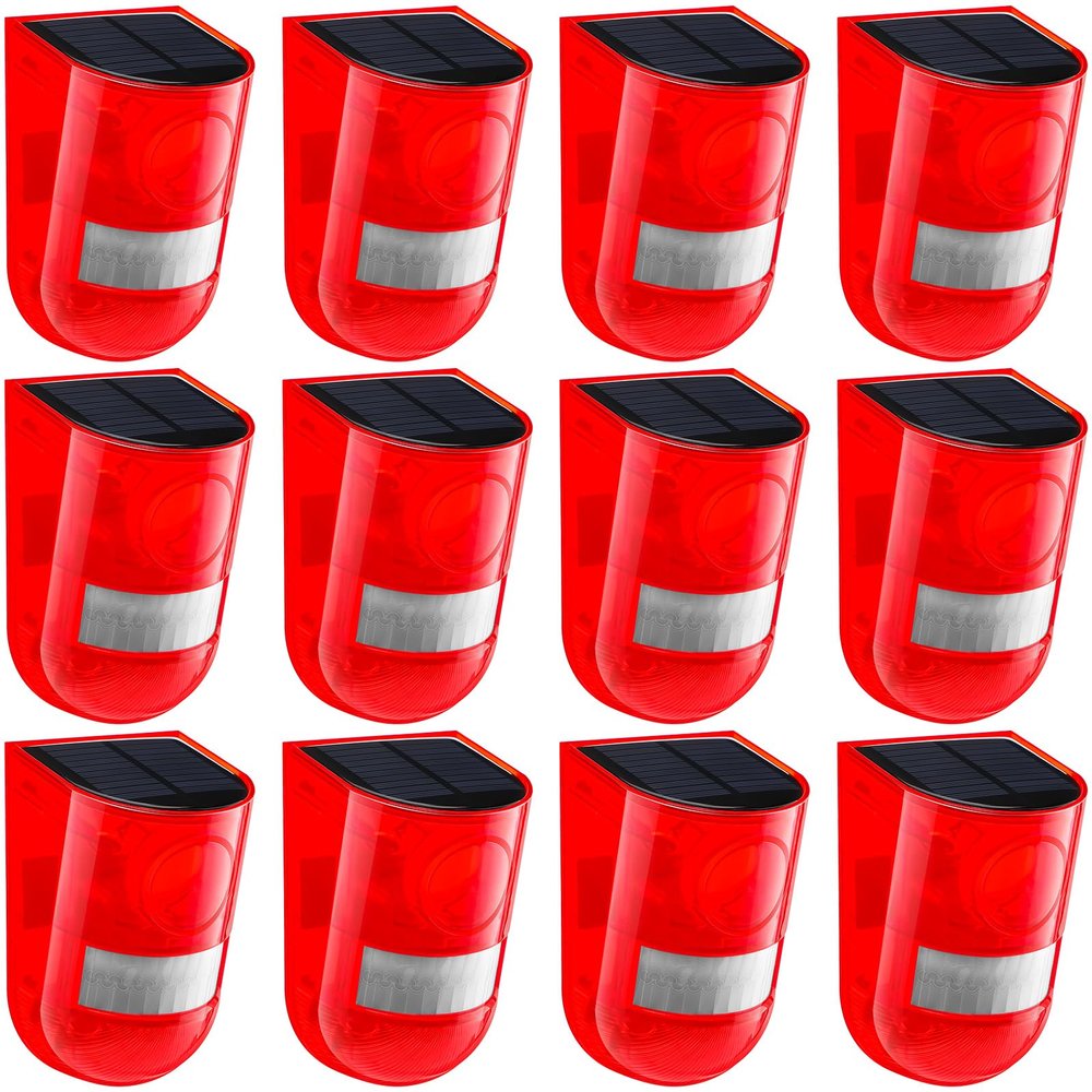 Qualirey 12 Pack Solar Sound and Light Alarm Motion Sensor 129db Outdoor Security Siren Waterproof Motion Activated Detector Alarm 6 LEDs Flash Warning Strobe System for Home, Farm (Red)