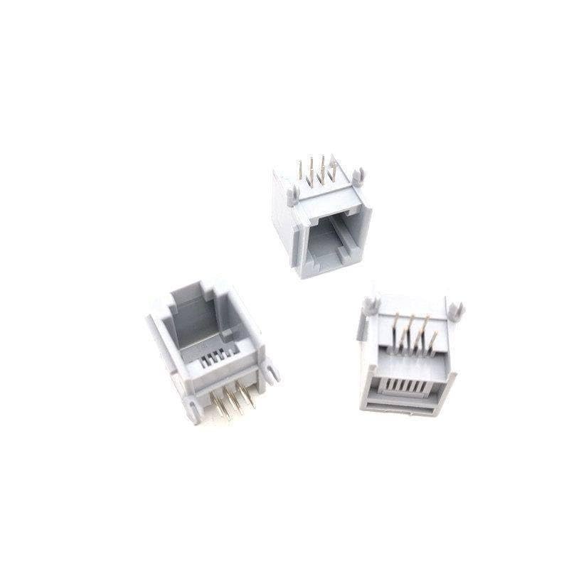 100PCS RJ11 Gray 6P6C RJ11 Phone Jack 90 Degree 6-pin Crystal Head Female Socket Connector 623PCB-6P6C