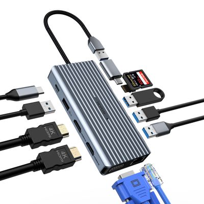 12 Ports Multiport Dock, USB C Docking Station Triple Monitor via VGA/2*HDMI, USB C Hub Adapter(5 Gbps USB A,1G Ethernet,PD 100W,3.5mm mic,SD/TF Reader) Dongle for Type C Device, Laptop, Tablet