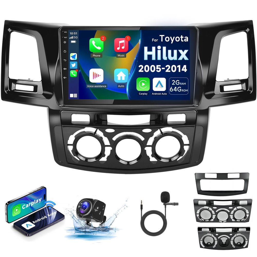 2+64G Car Stereo for Toyota Hilux 2005-2014 Android Car Radio Stereo,Wireless Carplay Android Auto 9inch Touch Screen Bluetooth Audio Receiver GPS Navigation WiFi Backup Camera FM/RDS SWC