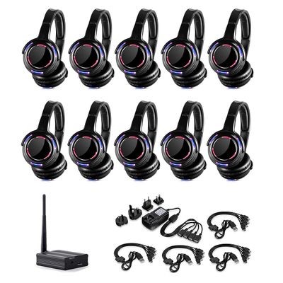 AYVVPII Professional Silent Disco LED Wireless Headphones and RF LED Silent Disco Earphones for iPod MP3 DJ Music Pary Club (10 Headphone + 1 Transmitter)