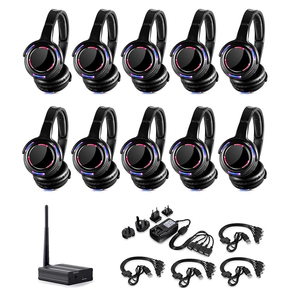 AYVVPII Professional Silent Disco LED Wireless Headphones and RF LED Silent Disco Earphones for iPod MP3 DJ Music Pary Club (10 Headphone + 1 Transmitter)