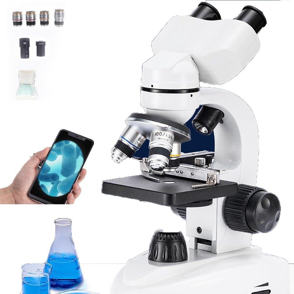 DESHVA Electron Microscope Adult, Binocular Microscope, 4*Objective/4*Eyepiece, 45 Angle for Comfortable Viewing and Can Be Connected to A Mobile Phone, Biological Microscope Profesional-12000X