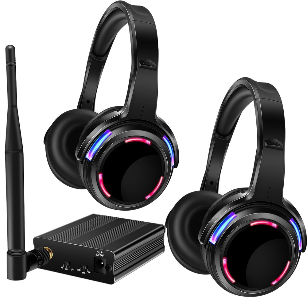 AYVVPII Professional Silent Disco LED Wireless Headphones and RF LED Silent Disco Earphones for iPod MP3 DJ Music Pary Club (2 led Headphone + 1 Transmitter)