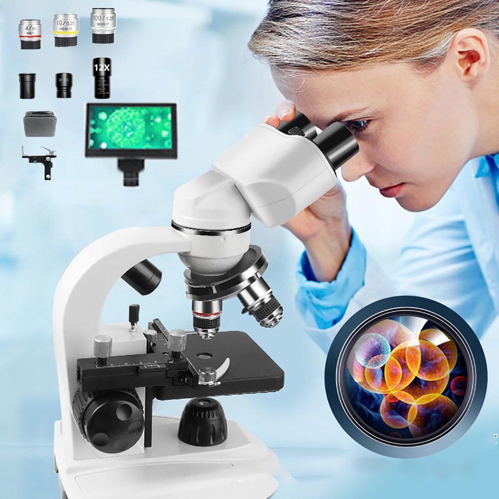 DESHVA Binocular Microscope Profesional, 60000x with Display, 3 Objective Lenses/6 Eyepieces, Biological Microscope, Dual Light Source Illumination, for Research and Study- with Microscope