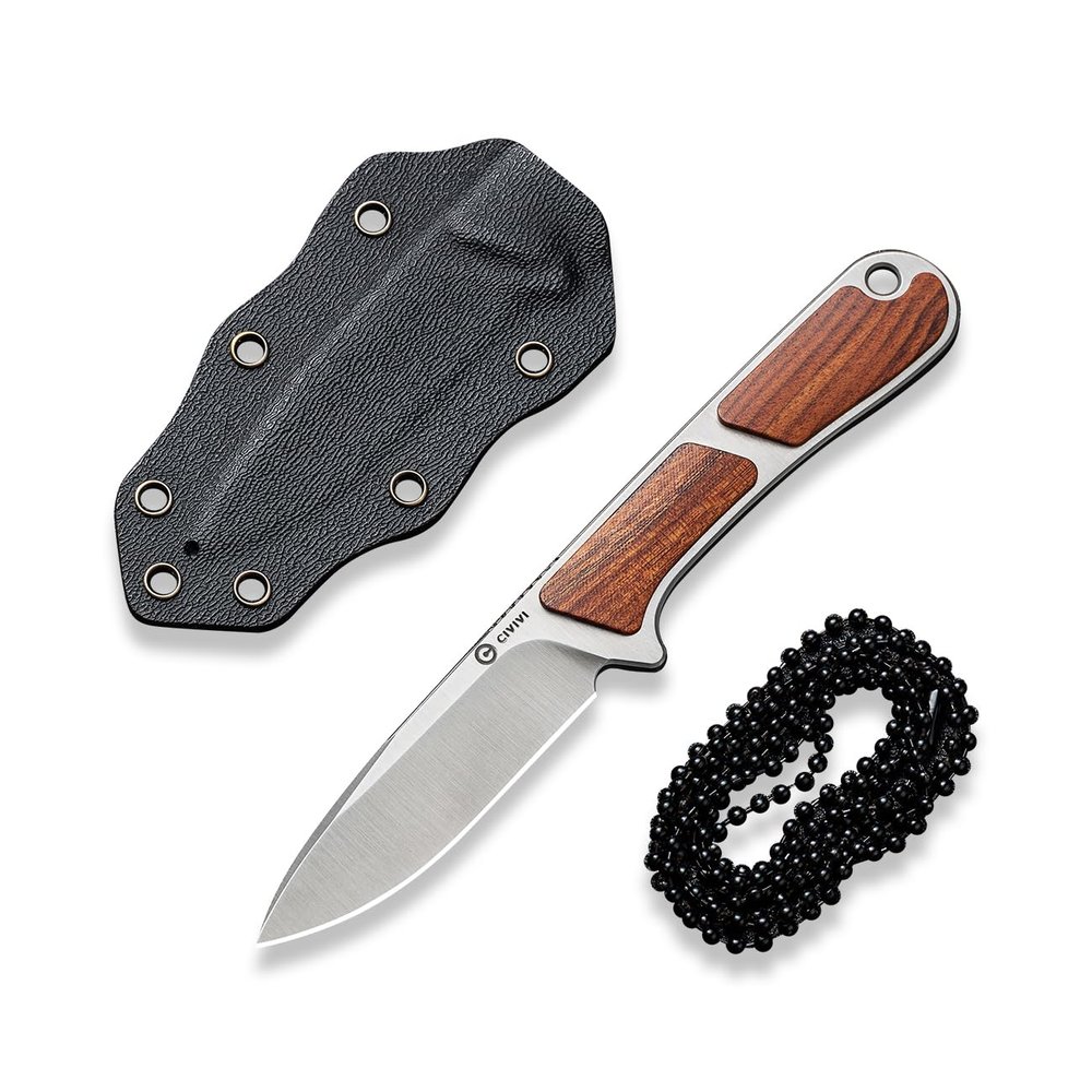 CIVIVI Mini Elementum Fixed Blade Knife with a Kydex Sheath and a Chain for EDC Neck Carry, Small Skeletonized Full Tang Knife with 2.24" Nitro-V Blade Wood Handle C23010-4