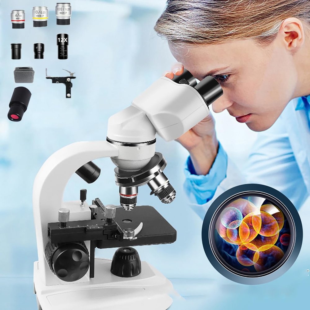 DESHVA Binocular Microscope Profesional, 60000x with Display, 3 Objective Lenses/6 Eyepieces, Biological Microscope, Dual Light Source Illumination, for Research and Study-with Electronic eyepieces