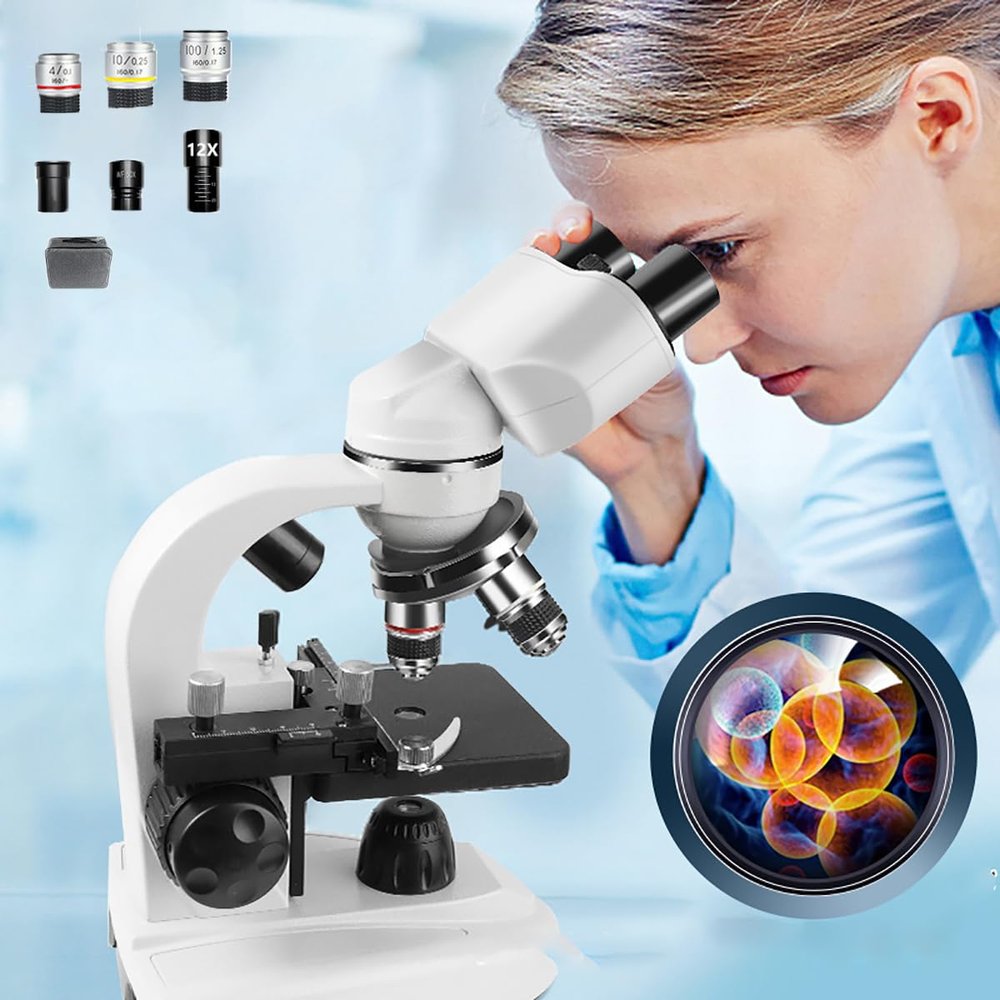 DESHVA Binocular Microscope Profesional, 60000x with Display, 3 Objective Lenses/6 Eyepieces, Biological Microscope, Dual Light Source Illumination, for Research and Study- Standard