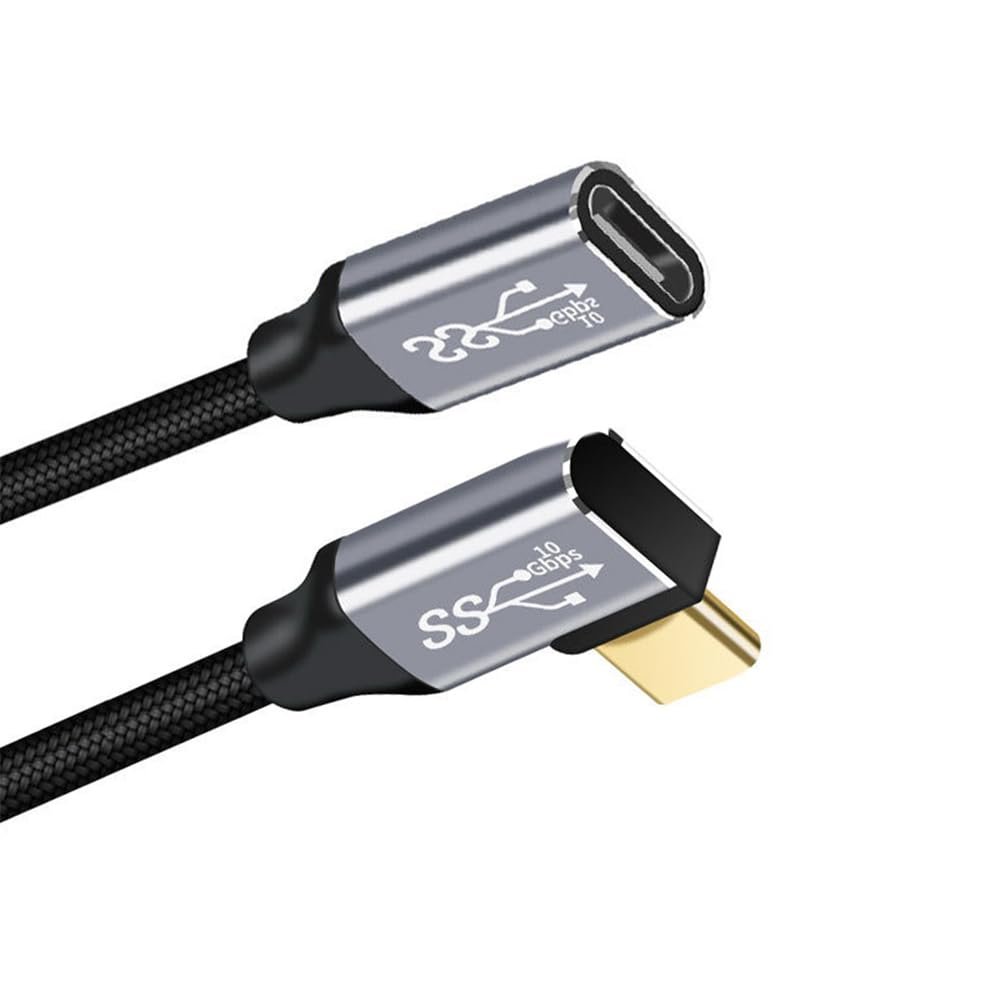 NFHK Left Right Angled USB-C USB 3.1 Type C Male to Female Extension Data Cable 10Gbps 100W with Sleeve for Laptop 50cm