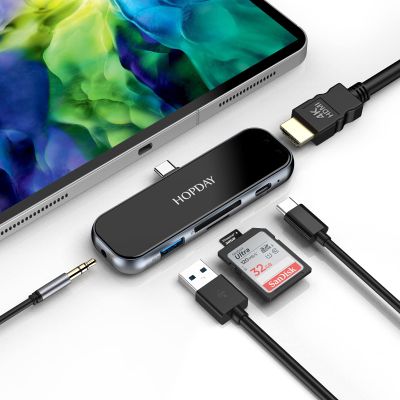 iPad Pro Hub, 6 in 1 USB C Adapter 2021 2020 12.9/11'', iPad Air 5/4 Dongle 4K HDMI, USB 3.0 Port, SD/TF Card Reader, 100W PD Fast Charging, Headphone Jack