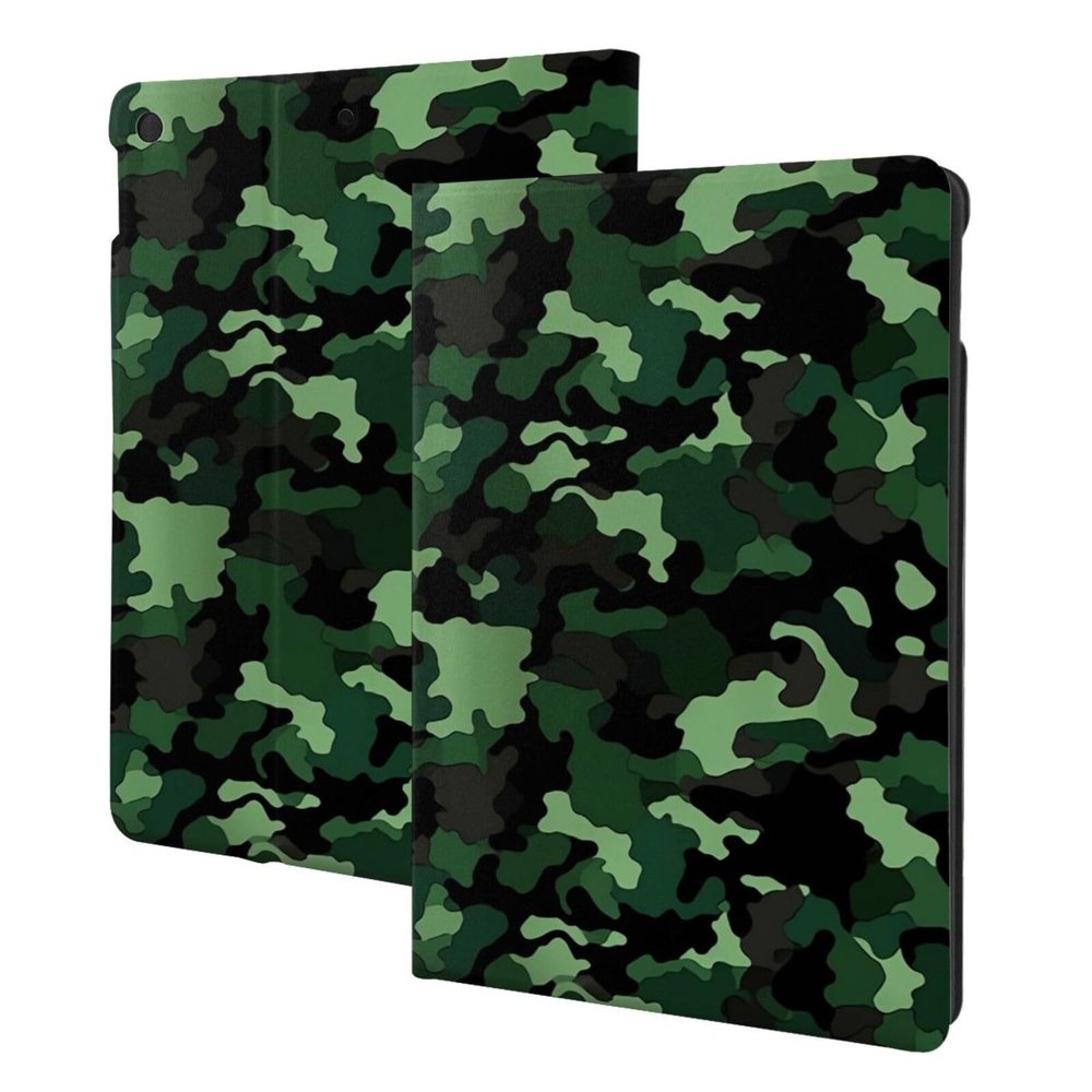 Green Camo Printed Tablet Case for Ipad 7th Generation 10.2", Pu Leather Non-Slip Tablet Cases Shockproof Stand Cover with Auto Sleep/Wake Cover