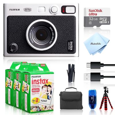 Fujifilm Instant Mini EVO Hybrid Camera (Black) Bundle with 60 Instant Film Sheets + 32GB Memory Card + Small Padded Case + SD Card Reader + Flex Tripod + BluebirdSales Microfiber Cleaning Cloth