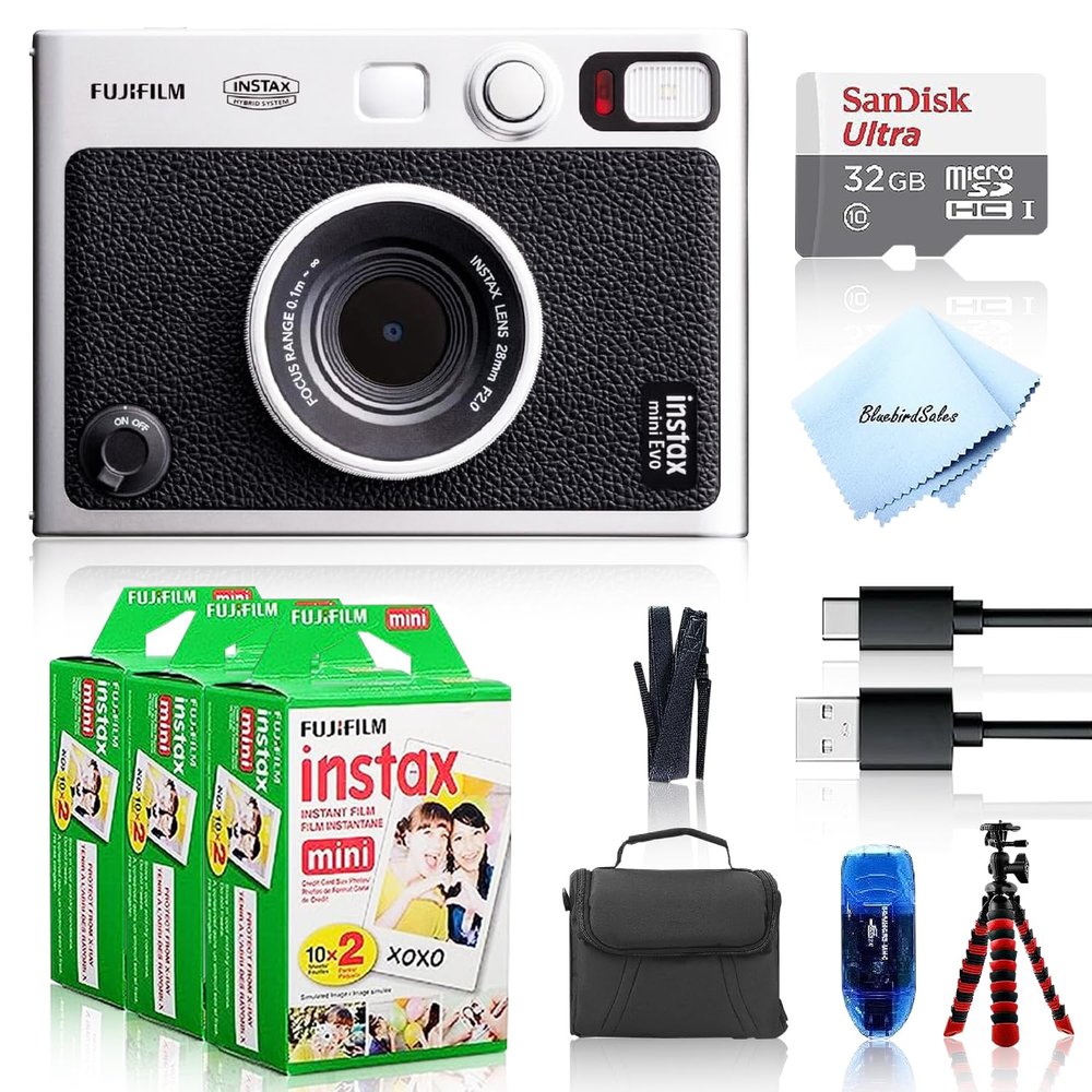 Fujifilm Instant Mini EVO Hybrid Camera (Black) Bundle with 60 Instant Film Sheets + 32GB Memory Card + Small Padded Case + SD Card Reader + Flex Tripod + BluebirdSales Microfiber Cleaning Cloth