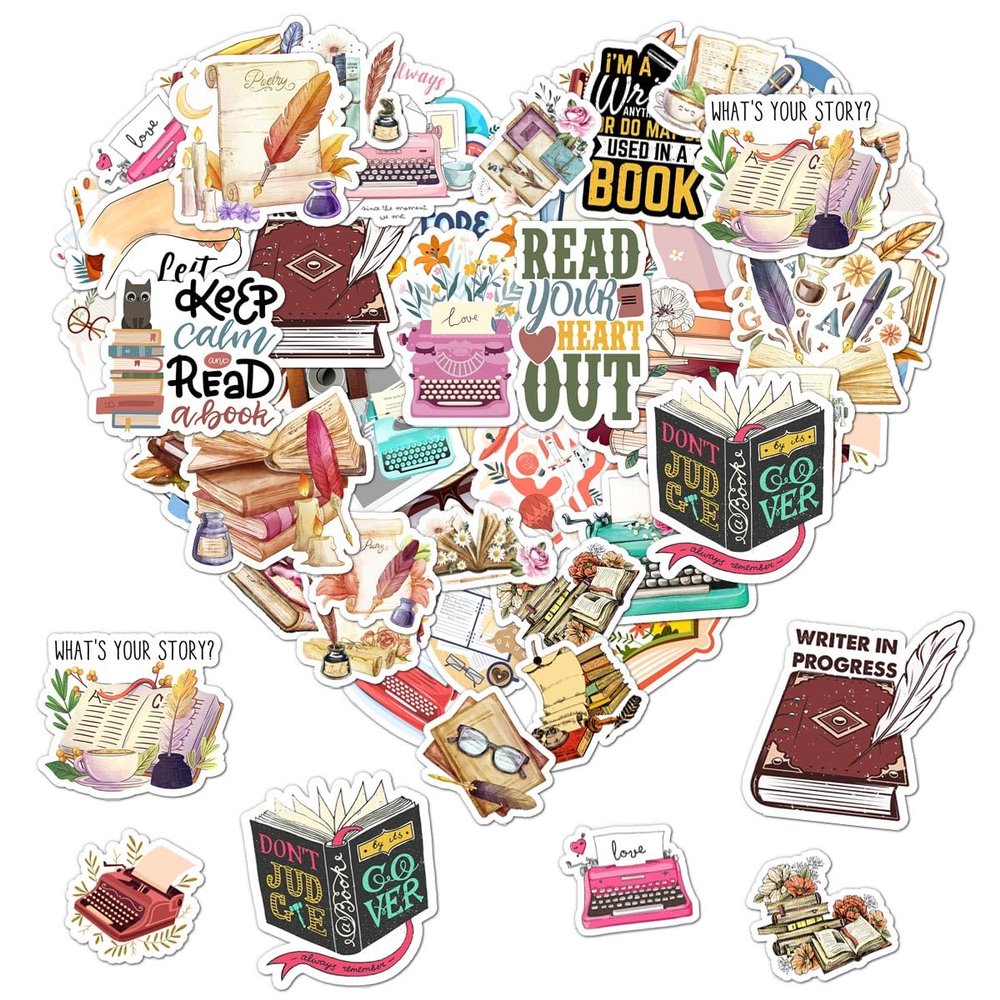 50 Pack Pcs Book Lover Stickers for Water Bottles Waterproof Vinyl Laptop Luggage Scrapbooking Books Vintage Sticker Packs Bulk Set Adults Teens Women Kids Aesthetic Small Decals