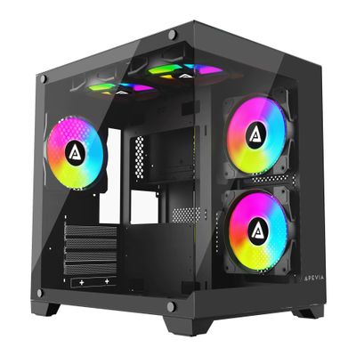 Apevia Prism-BK Prism Micro-ATX Gaming PC Cube Case w/ 5X 120mm ARGB Fans, 366 RGB Modes, Dual Tempered Glass Panels, 240mm Radiator Support, 1X USB3.0, 2X USB 2.0, HD Audio Port, Black