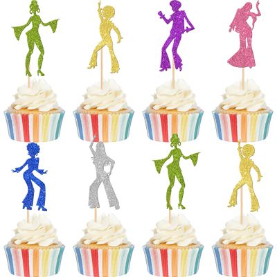 24 PCS 70's Disco Cupcake Toppers & Picks - Glittering Cupcake Decorations for Disco Music Theme Birthday Party Cake Decorations Supplies - Colorful