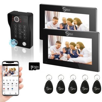 Video Door Phone Apartment Intercom,2 Units 7 Inch Touch Monitor with Wired 1080P Doorbell System,Supporting Fingerprint,RFID Card,Password Motion Detecting for Home,Tuya 32G