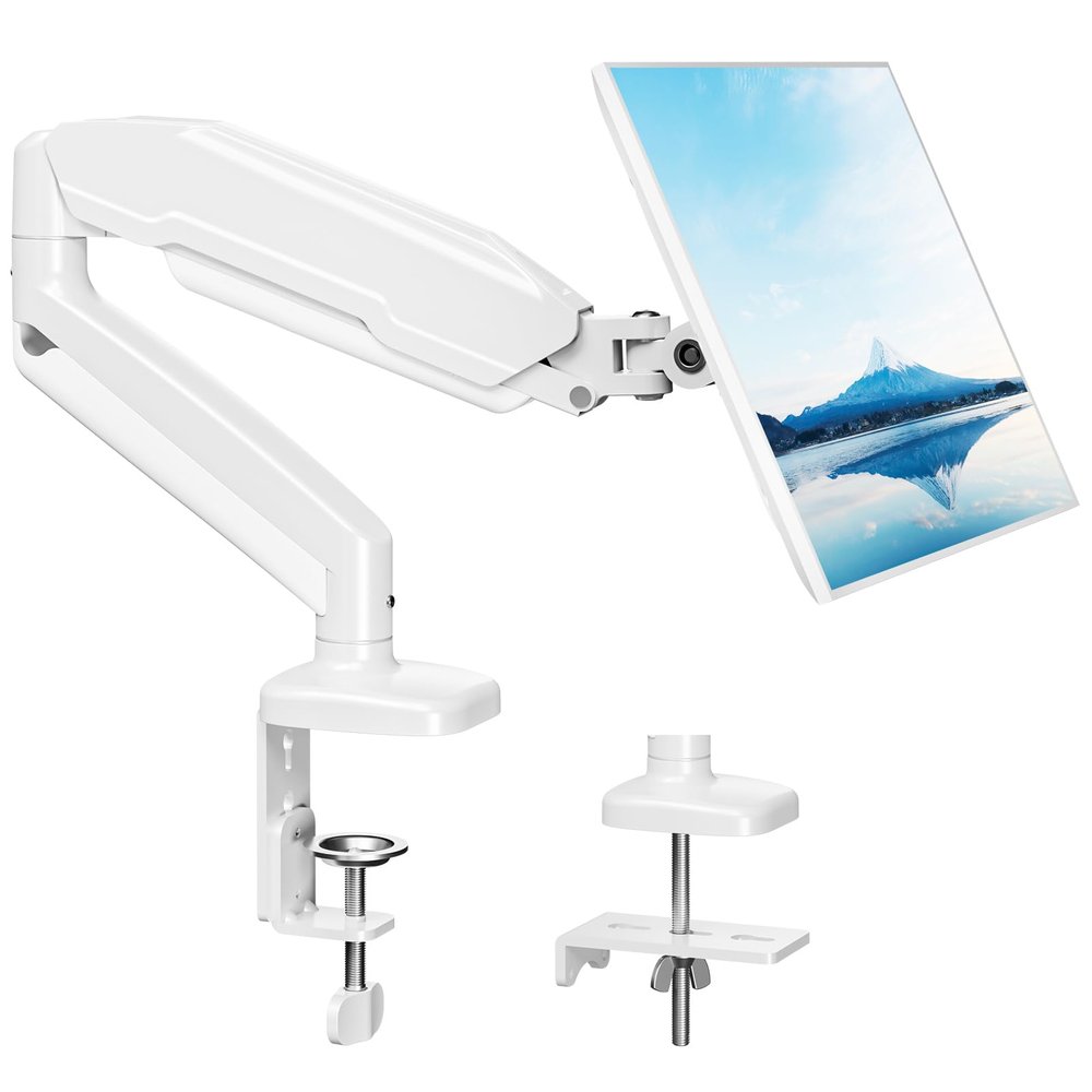 MOUNT PRO Single Monitor Desk Mount - Articulating Gas Spring Arm, Removable VESA Mount for Computer Monitor Stand with Clamp and Grommet Base Fits 13 to 32 Inch Screen, VESA 75x75, 100x100, White