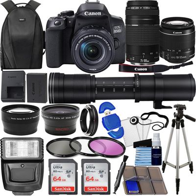 Canon EOS 850D (Rebel T8i) DSLR Camera w/ 18-55mm & 75-300mm III Lenses + 420-800mm Zoom Lens + Wide & Telephoto Lenses + 128GB Memory + Case + Tripod + Filter Kit + Pro Bundle (Renewed)