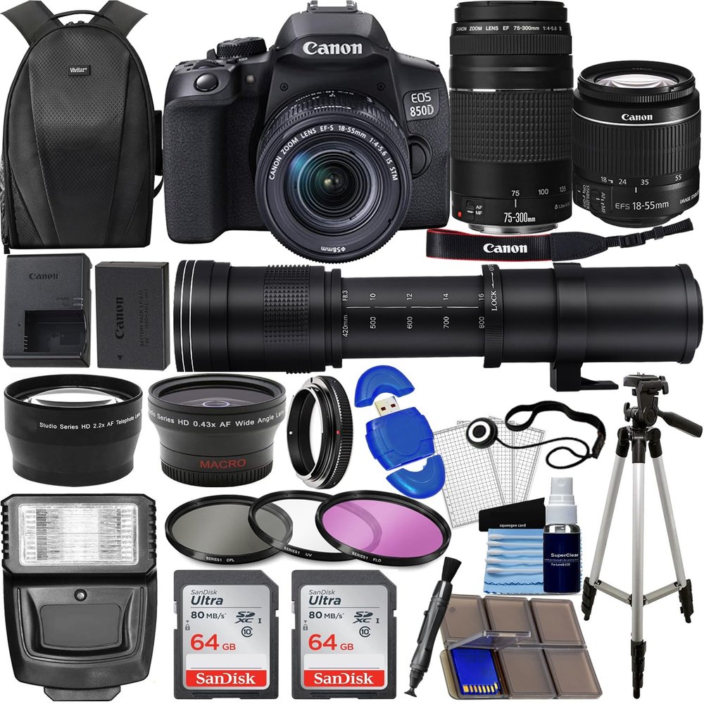 Canon EOS 850D (Rebel T8i) DSLR Camera w/ 18-55mm & 75-300mm III Lenses + 420-800mm Zoom Lens + Wide & Telephoto Lenses + 128GB Memory + Case + Tripod + Filter Kit + Pro Bundle (Renewed)