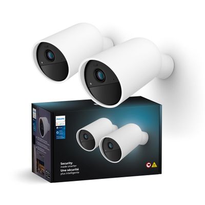 Philips Hue Secure Battery Camera 2-Pack, 1080P Resolution, Monitoring, Notifications, Seamless Integration, Rechargeable, Indoor and Outdoor, White, Free 24-Hour History