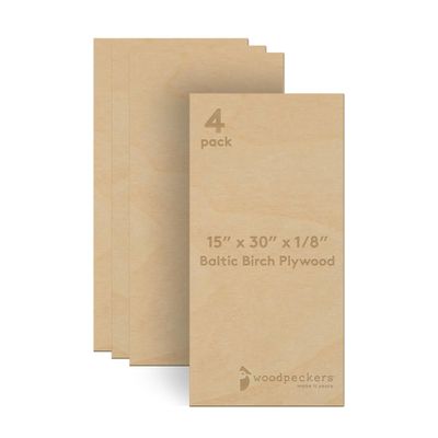 Baltic Birch Plywood 15 x 30 x 1/8 Inch - 3 mm Craft Wood, Pack of 4 B/BB Grade, Stronger Than Basswood Sheets or Balsa Wood, Perfect for Laser, CNC Cutting, Wood Burning, by Woodpeckers