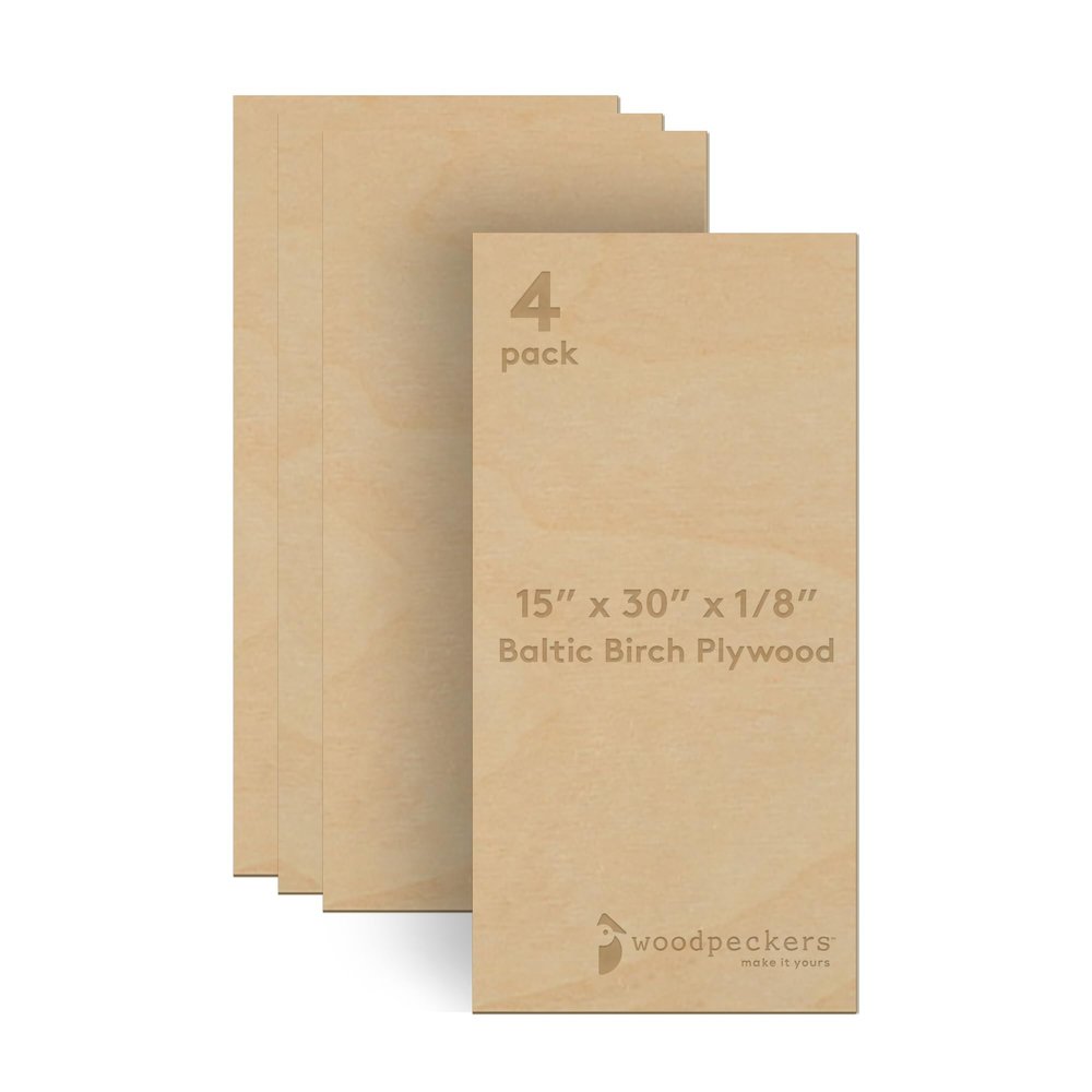 Baltic Birch Plywood 15 x 30 x 1/8 Inch - 3 mm Craft Wood, Pack of 4 B/BB Grade, Stronger Than Basswood Sheets or Balsa Wood, Perfect for Laser, CNC Cutting, Wood Burning, by Woodpeckers
